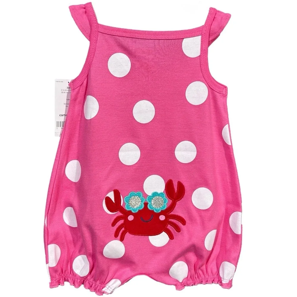 Carter's Baby Girls Cotton‎ Romper One-Piece Outfit Size 3M Pink Polka Dot Crab